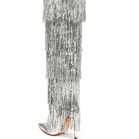 Callie Chrome: Sequin Fringe Silver Stiletto Azalea Wang Boots 9 8 - Picture 9 of 11